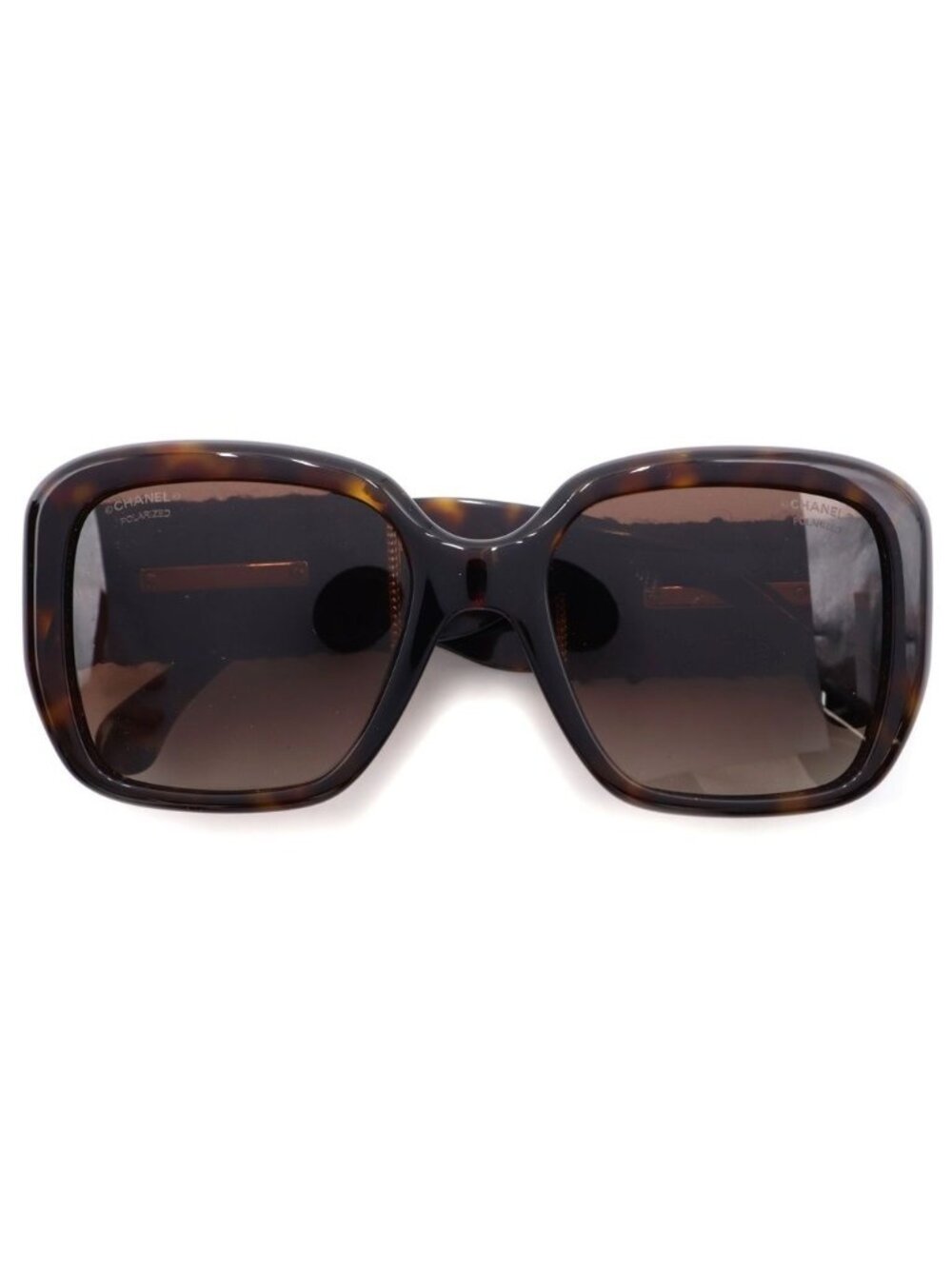 Chanel Square Frame Chain CC Logo Tweed Temple Sunglasses Brown Gold Eyewear
